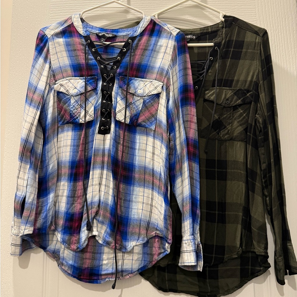 EXPRESS Flannel Plaid Laced Up Tops
